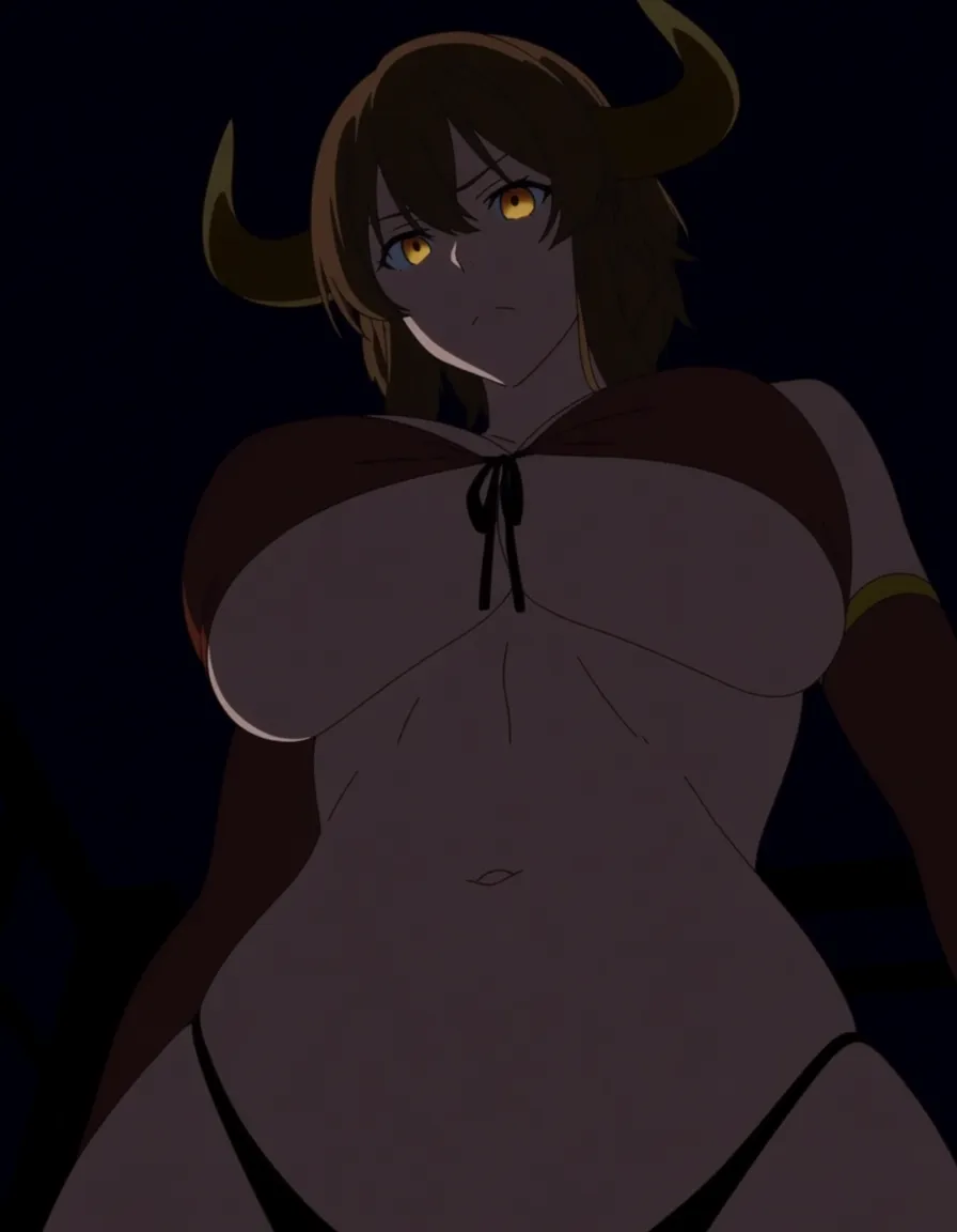 Anime fantasy female minotaur big breasts wide hips amber eyes light skin brown hair bull horns brown Loincloth brown bikini top toned belly in a room at night low lighting full moon, hentai_studio_quality, (anime style:1.3), 2d, anime screencap, cel shading, flat color