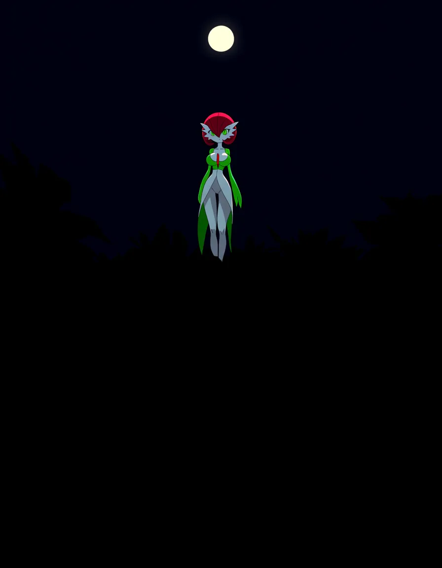 Anime gardevoir big breasts wide hips green eyes white skin red hair green plant leaf leonard in a jungle at night low lighting full moon, hentai_studio_quality, hentai_studio_quality, (anime style:1.3), 2d, anime screencap, cel shading, flat color, (anime style:1.3), 2d, anime screencap, cel shading, flat color, @00osamio00