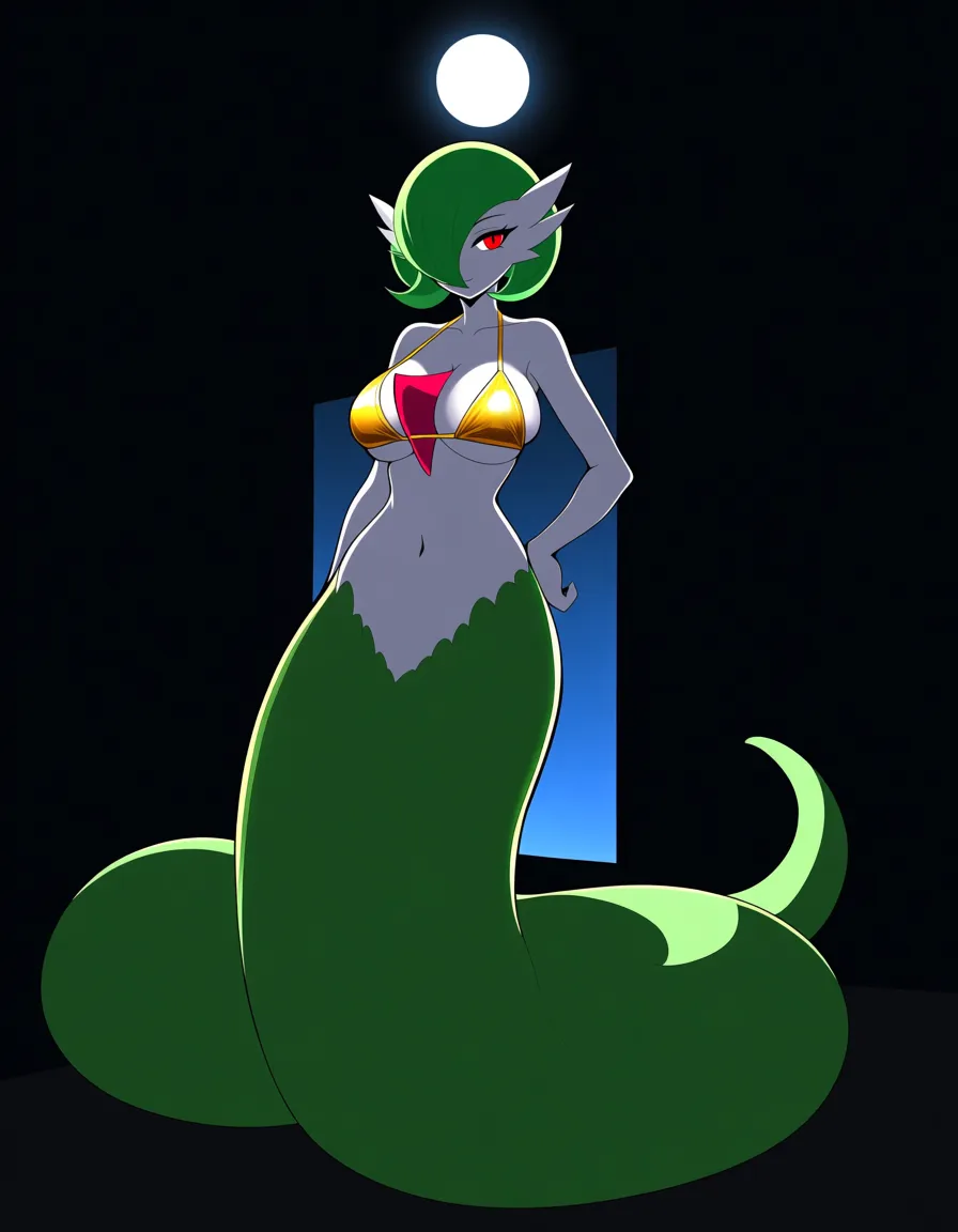 Anime gardevoir as a lamia big breasts wide hips red eyes white skin green hair snake lower half green scales long tail gold plated bikini top in a room at night low lighting full moon, hentai_studio_quality