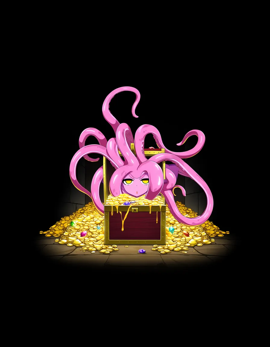 Anime mimic girl big breasts wide hips yellow eyes pink skin hot pink tentacle hair coming on of a Treasure chest full of gold and Jewels in a Dungeon low lighting, hentai_studio_quality