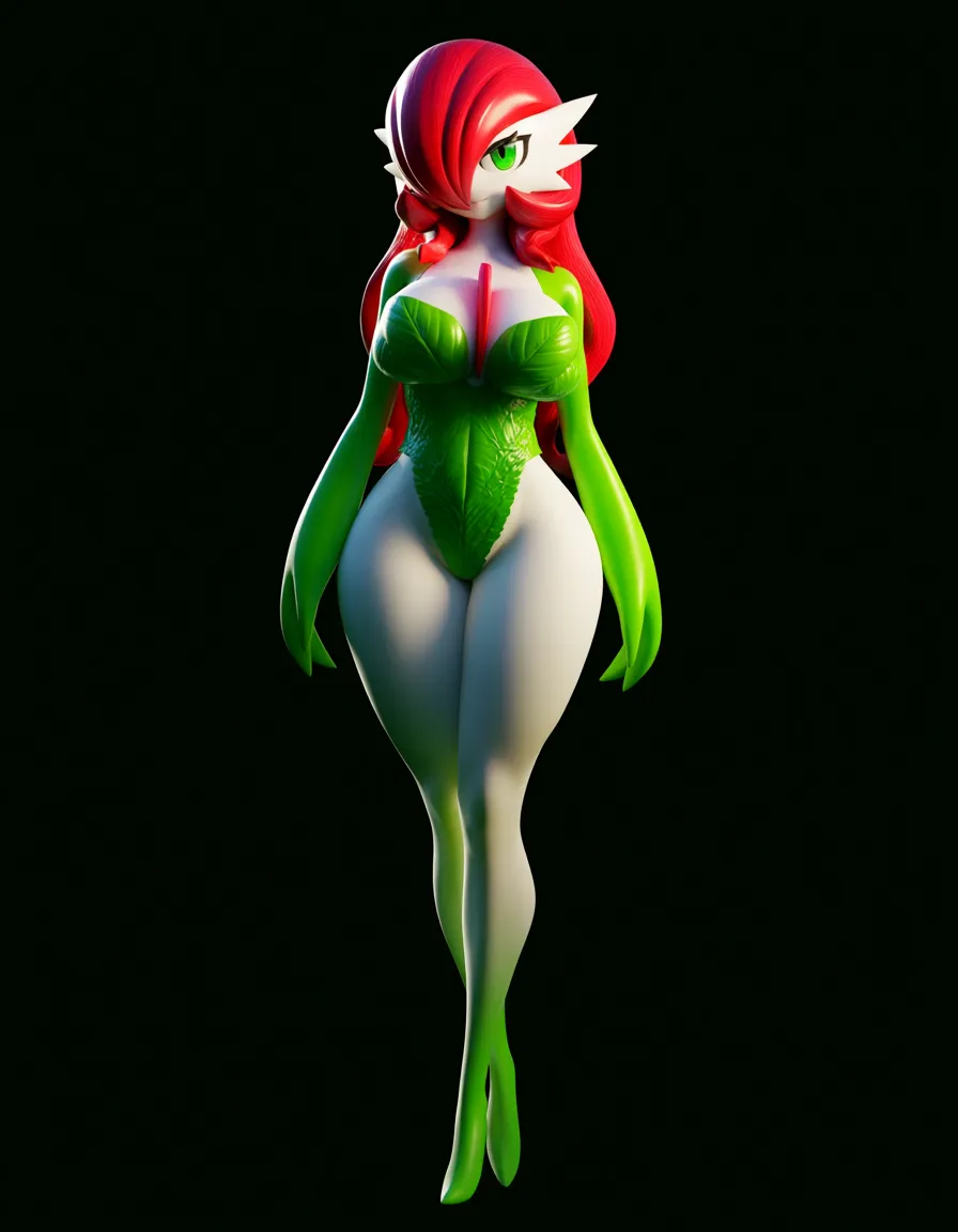 Anime gardevoir as poison ivy big breasts wide hips green eyes white skin red hair green plant leonard in a jungle sun set low lighting, hentai_studio_quality, score_9, score_8, 3d render, octane render, subsurface scattering, ray tracing, smooth shading