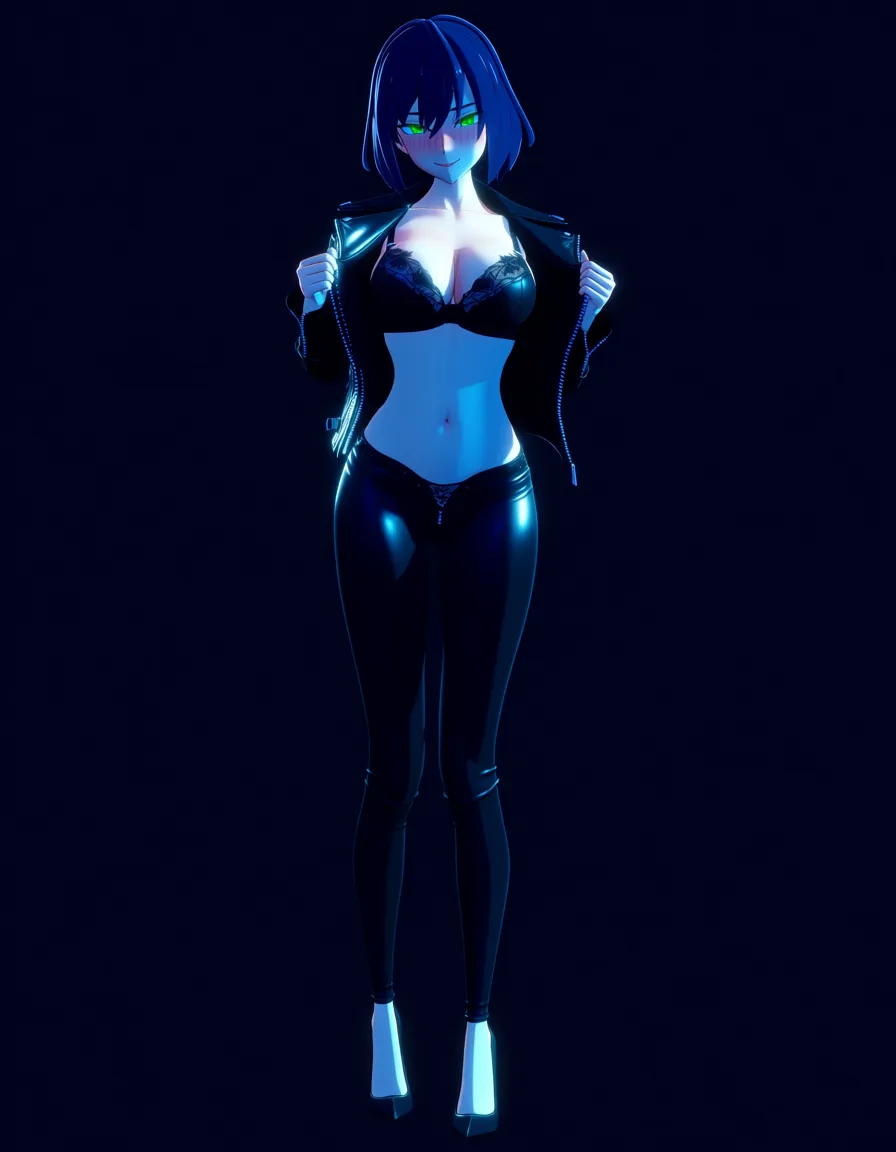 Anime serleena big breasts wide hips green eyes pale skin dark hair black lingerie opened black leather jacket flashing her beasts black leather pants black heels in a room at night low lighting full moon Seductive smile Blushing a little, hentai_studio_quality, score_9, score_8, 3d render, octane render, subsurface scattering, ray tracing, smooth shading, (anime style:1.3), 2d, anime screencap, cel shading, flat color, @00osamio00, (anime style:1.3), 2d, anime screencap, cel shading, flat color