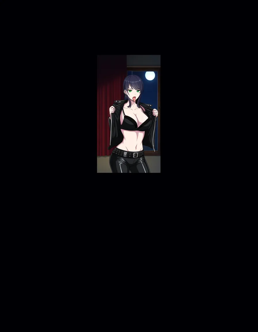 Anime serleena big breasts wide hips green eyes pale skin dark hair black lingerie opened black leather jacket flashing her beasts black leather pants black heels in a room at night low lighting full moon sucking a cock sucking a dick sucking a penis deep throat fellatio blow job, hentai_studio_quality