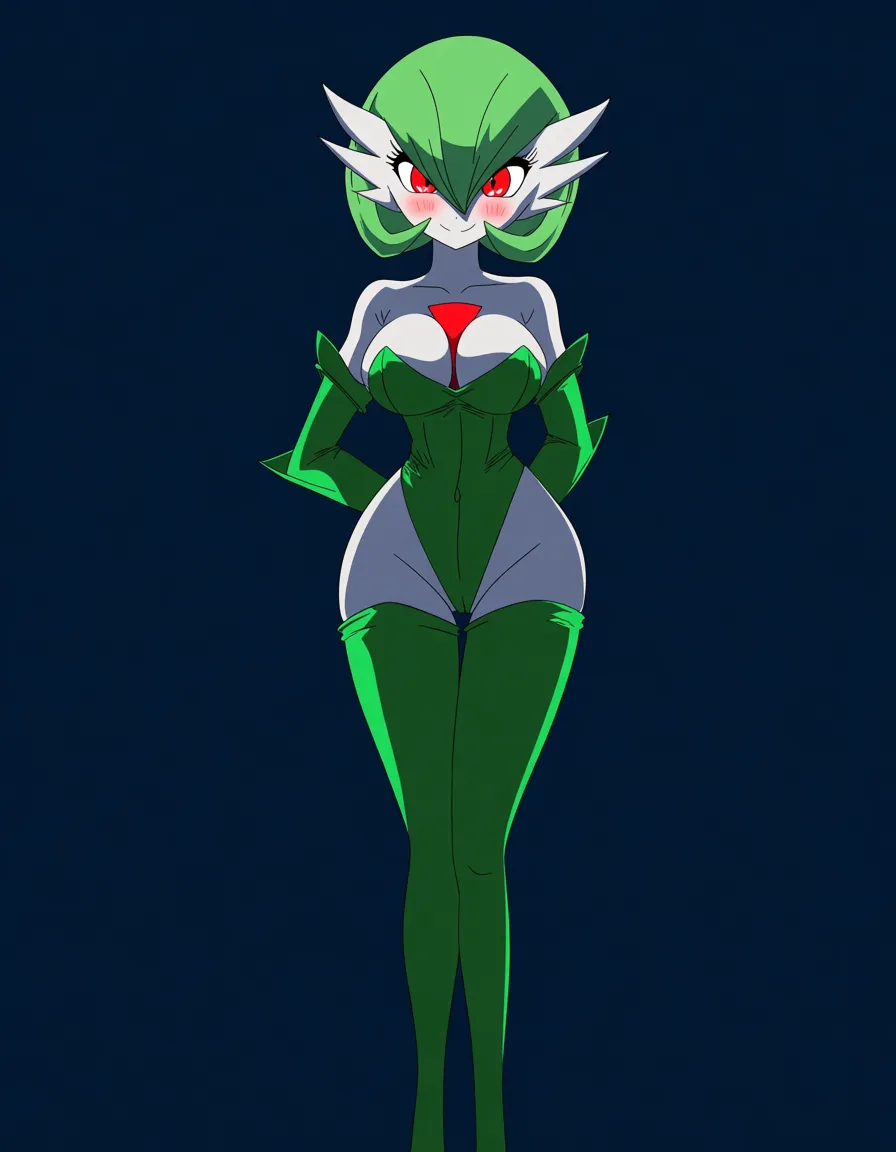 Anime gardevoir as a super hero big breasts wide hips red eyes white skin green hair green Domino mask Green leotard green Thigh high boots Long green gloves in a room at night low lighting full moon soft smile Blushing a little, hentai_studio_quality, (anime style:1.3), 2d, anime screencap, cel shading, flat color, (anime style:1.3), 2d, anime screencap, cel shading, flat color, @00osamio00