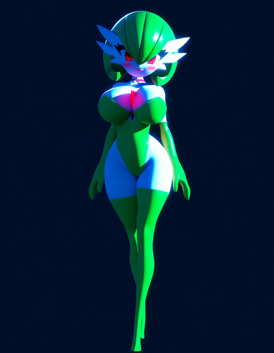 Anime gardevoir as a super hero big breasts wide hips red eyes white skin green hair green Domino mask Green leotard green Thigh high boots Long green gloves in a room at night low lighting full moon soft smile Blushing a little, hentai_studio_quality, (anime style:1.3), 2d, anime screencap, cel shading, flat color, (anime style:1.3), 2d, anime screencap, cel shading, flat color, @00osamio00, score_9, score_8, 3d render, octane render, subsurface scattering, ray tracing, smooth shading
