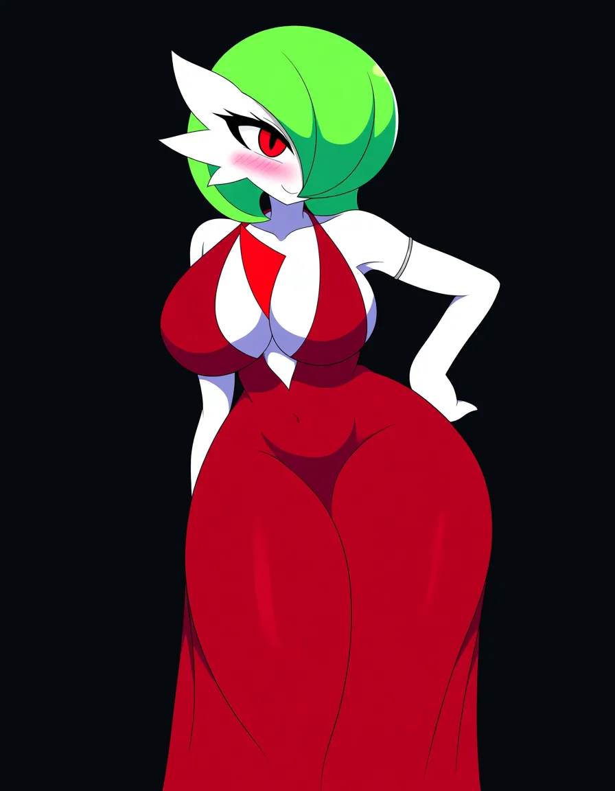 Anime gardevoir big breasts wide hips red eyes white skin green hair Glittery red dress in a room at night love lighting full moon soft smile blushing a little hand on hip, hentai_studio_quality