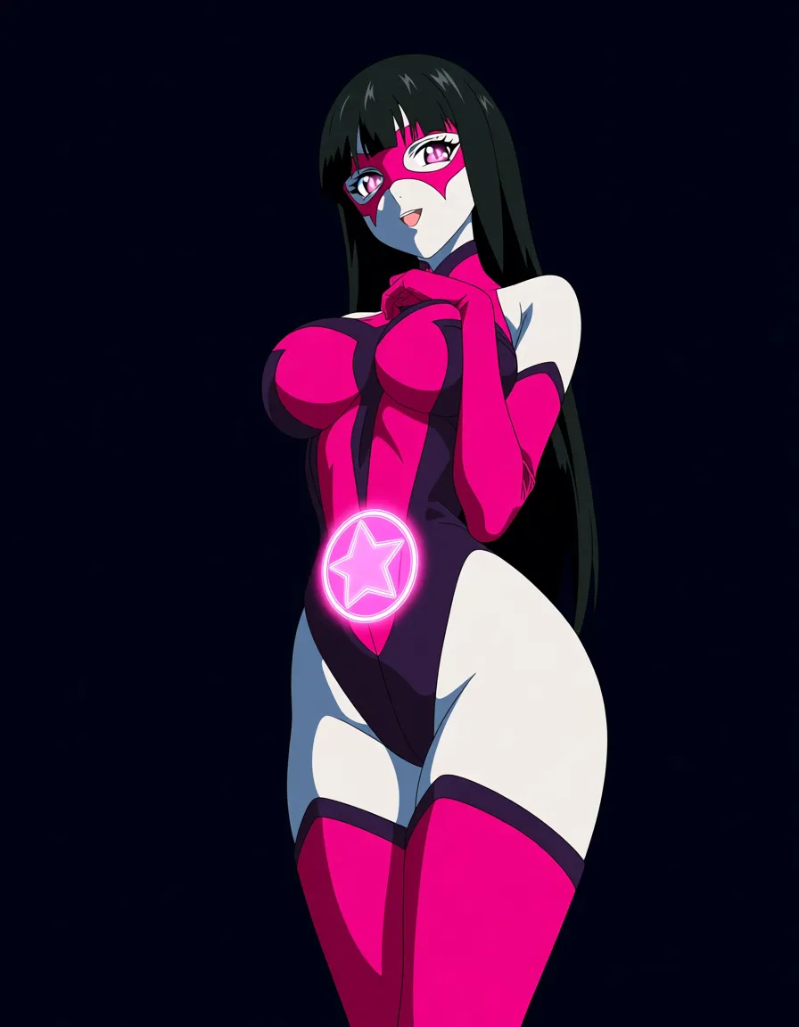 Anime dc star Sapphire big breasts wide hips hot pink eyes pale skin long black hair hot pink Domino mask hot pink leonard hot pink Thigh high boots hot pink Long gloves glowing pink ring star Symbol on belly in a room at night low lighting full moon soft smile Blushing a little, hentai_studio_quality, (anime style:1.3), 2d, anime screencap, cel shading, flat color, (anime style:1.3), 2d, anime screencap, cel shading, flat color, @00osamio00