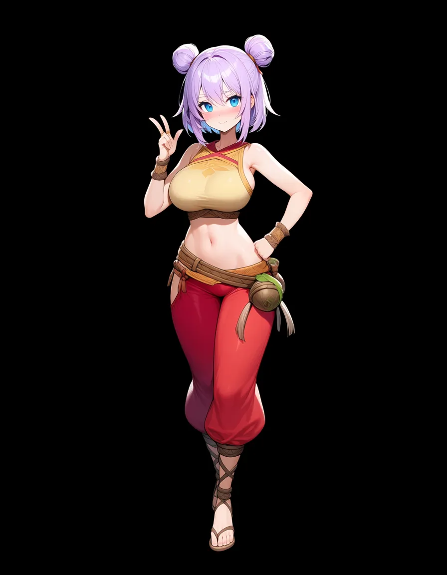 Anime league of legends yunara big breasts wide hips blue eyes light skin lavender hair hair buns Baggy monk pants sandals Monk crop top in a Forest temple With a Lotus tree sun set low lighting soft smile Blushing a little, hentai_studio_quality