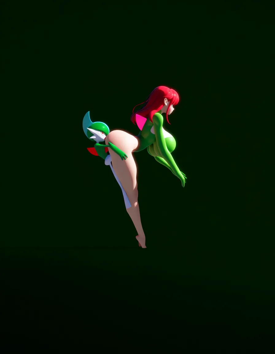 Anime gardevoir big breasts wide hips green eyes white skin red hair green plant leaf leonard getting fucked from behind doggy style by a gallade in a jungle sun set low lighting, hentai_studio_quality, score_9, score_8, 3d render, octane render, subsurface scattering, ray tracing, smooth shading, (anime style:1.3), 2d, anime screencap, cel shading, flat color, @00osamio00, hentai_studio_quality