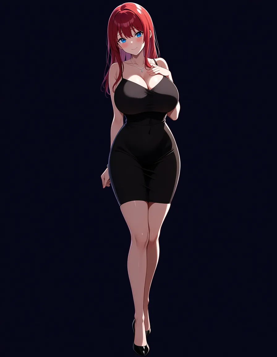 Anime girl big breasts wide hips blue eyes light skin red hair black Strapless Short skirt dress black heels in a room at night low lighting full moon soft smile Blushing a little, hentai_studio_quality