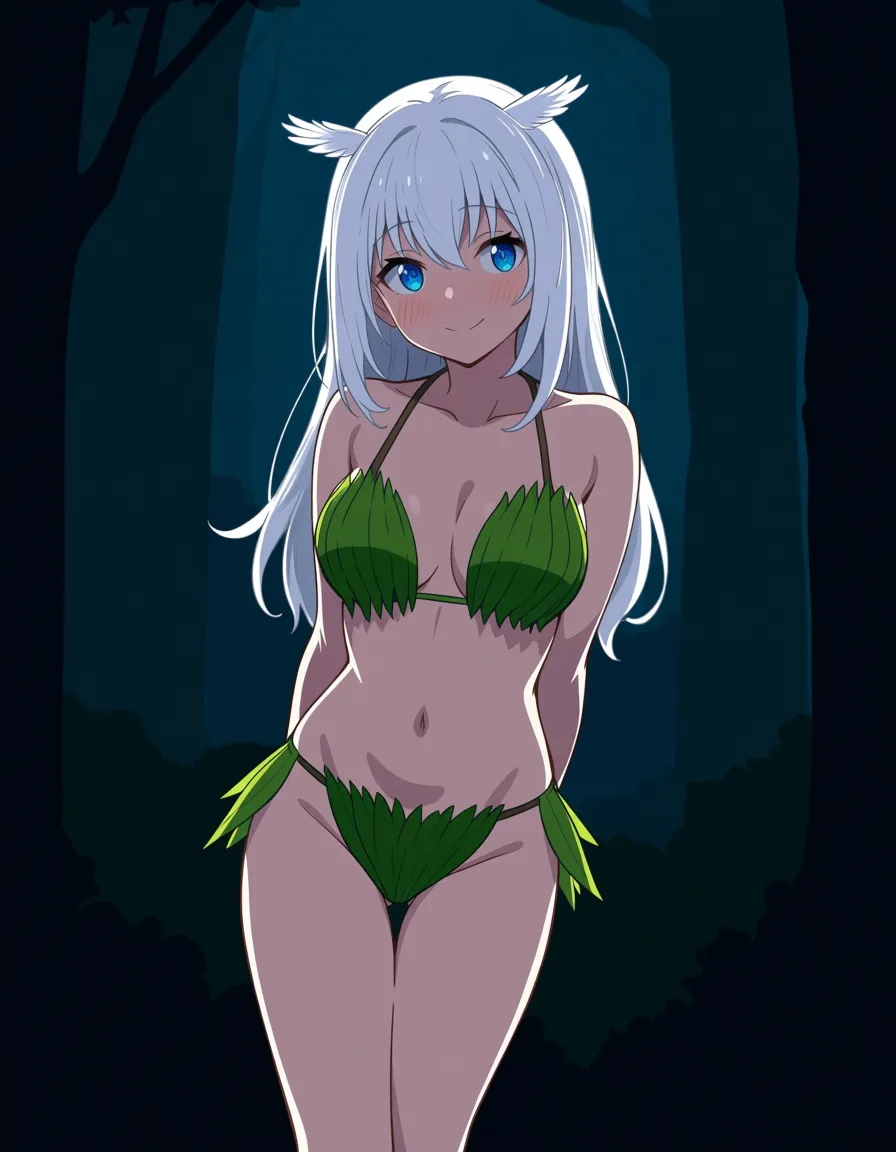 Anime harpy owl girl blue eyes light skin white hair white feathered wings light gray highlights in a green plant leaf bikini and Green plant leaf Loincloth in a forest at night low lighting full moon soft smile blushing a little, hentai_studio_quality