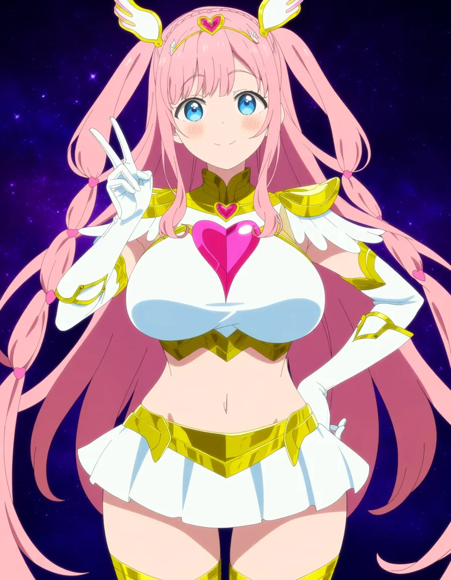 Anime magical girl big breasts wide hips blue eyes light skin pink hair long Braided twintails white top gold highlights white skirt gold highlights white boots gold highlights white gloves gold highlights pink heart shaped gem Necklace golden Forehead band with a pink heart in a Starry background giving The peace sign hand on hip soft smile blushing a little, hentai_studio_quality, (anime style:1.3), 2d, anime screencap, cel shading, flat color