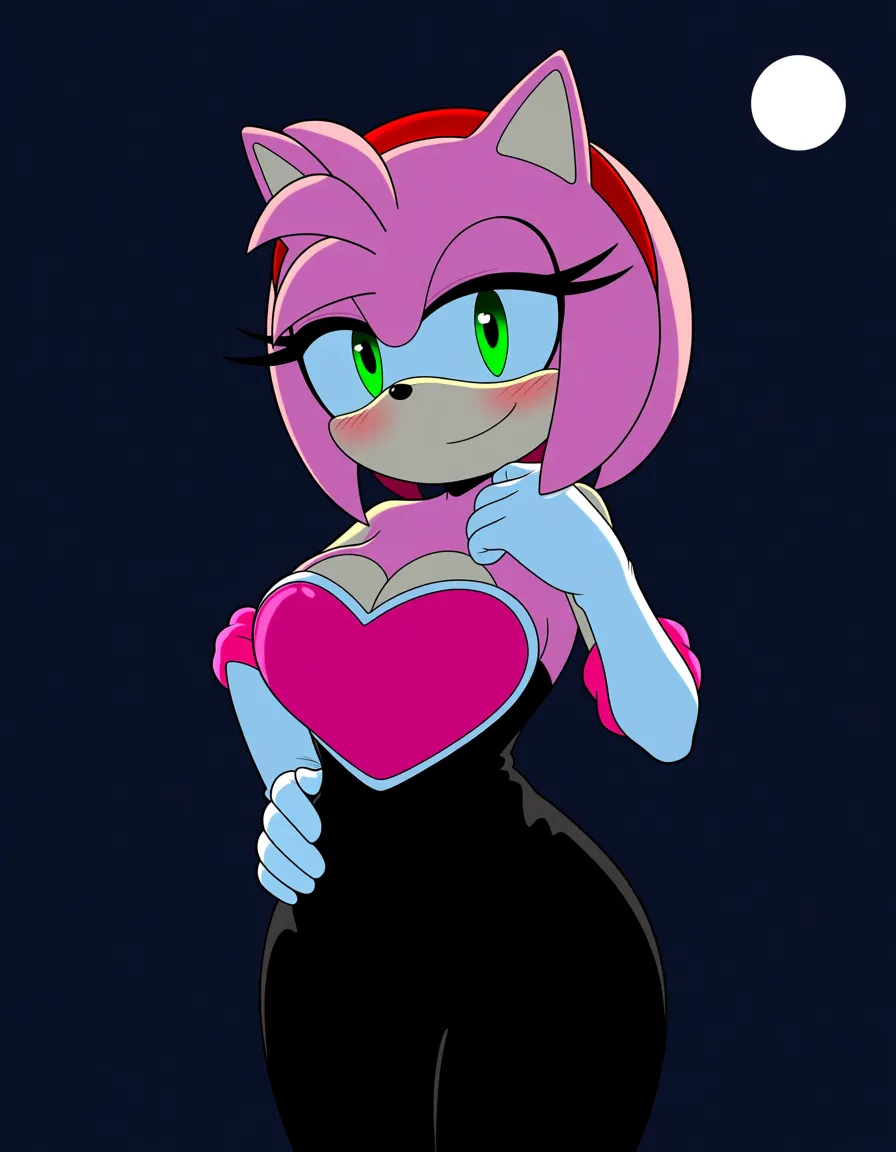 Anime sonic art style amy rose big breasts wide hips green eyes light skin Muzzle light skin Cleavage pink hair pink fur green eye shadow in rouge the bats outfit black body suit long white gloves long white gloves pink heart cheat piece in a room at night low lighting full moon soft smile hand on hip blushing a little, hentai_studio_quality