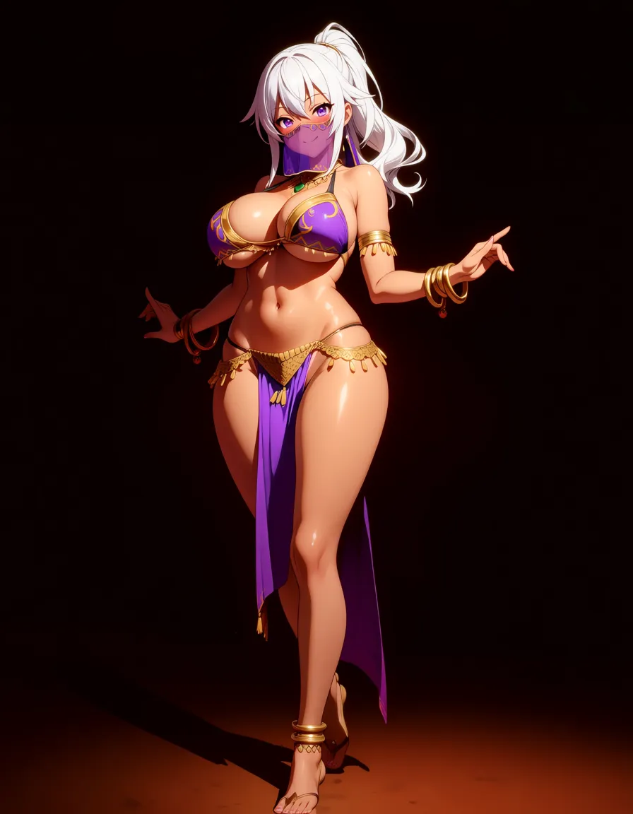 Anime female harem belly dancer big breasts wide hips violet eyes tan skin white hair ponytail See through purple veil purple and gold bikini top gold panties See through purple loin cloth gold Sandals Gold bracelets Gold anklets in a Desert temple Sunset low lighting soft smile blushing a little sexy dancing pose, hentai_studio_quality, (anime style:1.3), 2d, anime screencap, cel shading, flat color, score_9, score_8, 3d render, octane render, subsurface scattering, ray tracing, smooth shading, hentai_studio_quality