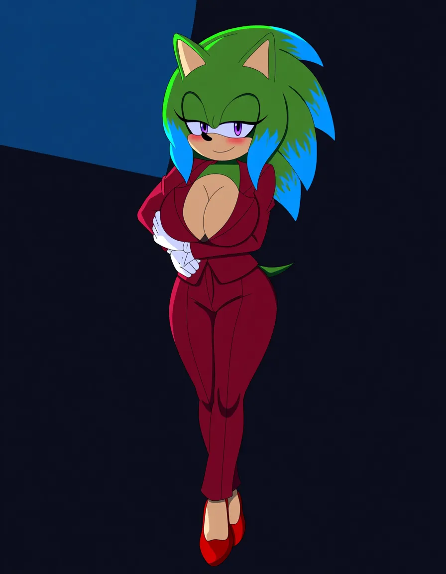 Anime Sonic art style Breezy the hedgehog big breasts wide hips Purple eyes Light skin sea green hair with blue tips Sea green fur Red suit jacket Deep cleavage Red pants red heels white gloves in a room at night low lighting full moon soft smile blushing a little, hentai_studio_quality, (anime style:1.3), 2d, anime screencap, cel shading, flat color