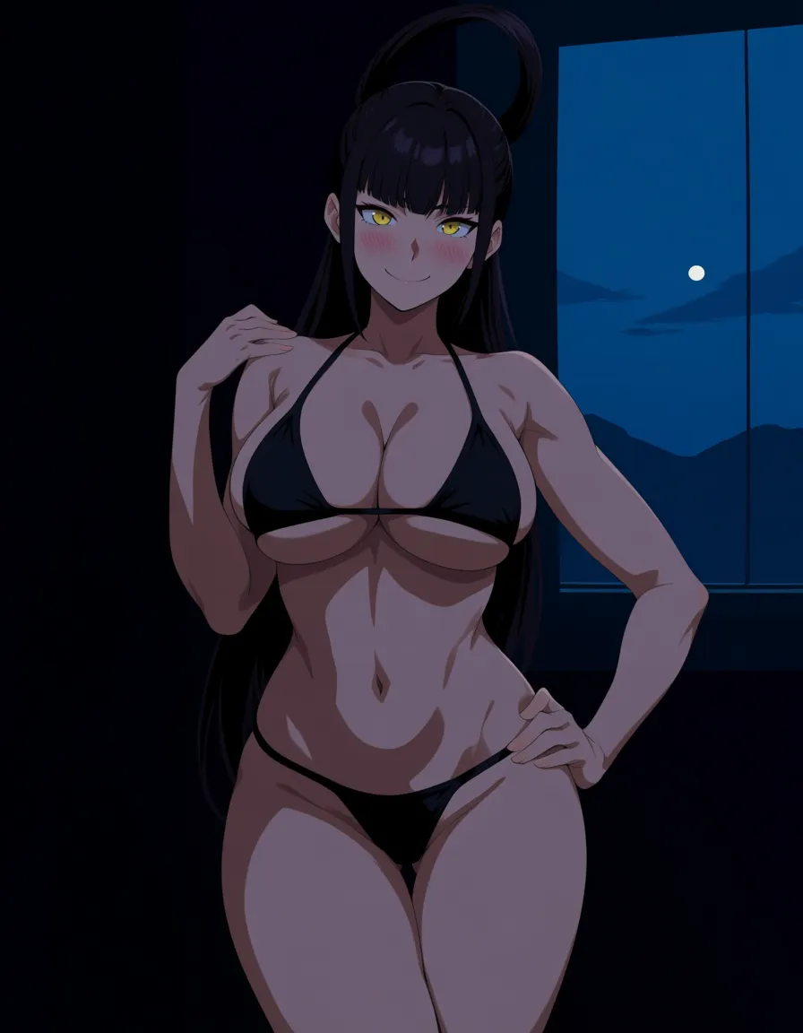 Anime street fighter female seth big breasts wide hips yellow eyes light skin black hair black bikini in a room at night low lighting full moon soft smile blushing a little sexy pose hand on hip, hentai_studio_quality