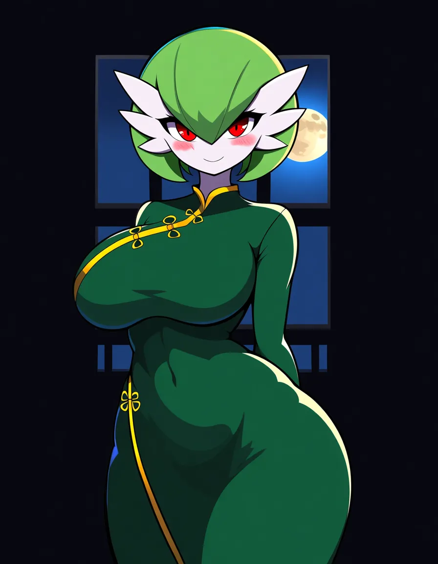 Anime gardevoir big breasts wide hips red eyes white skin green hair green and gold Chinese dress boob window in a room at night low lighting full moon soft smile blushing a little, hentai_studio_quality