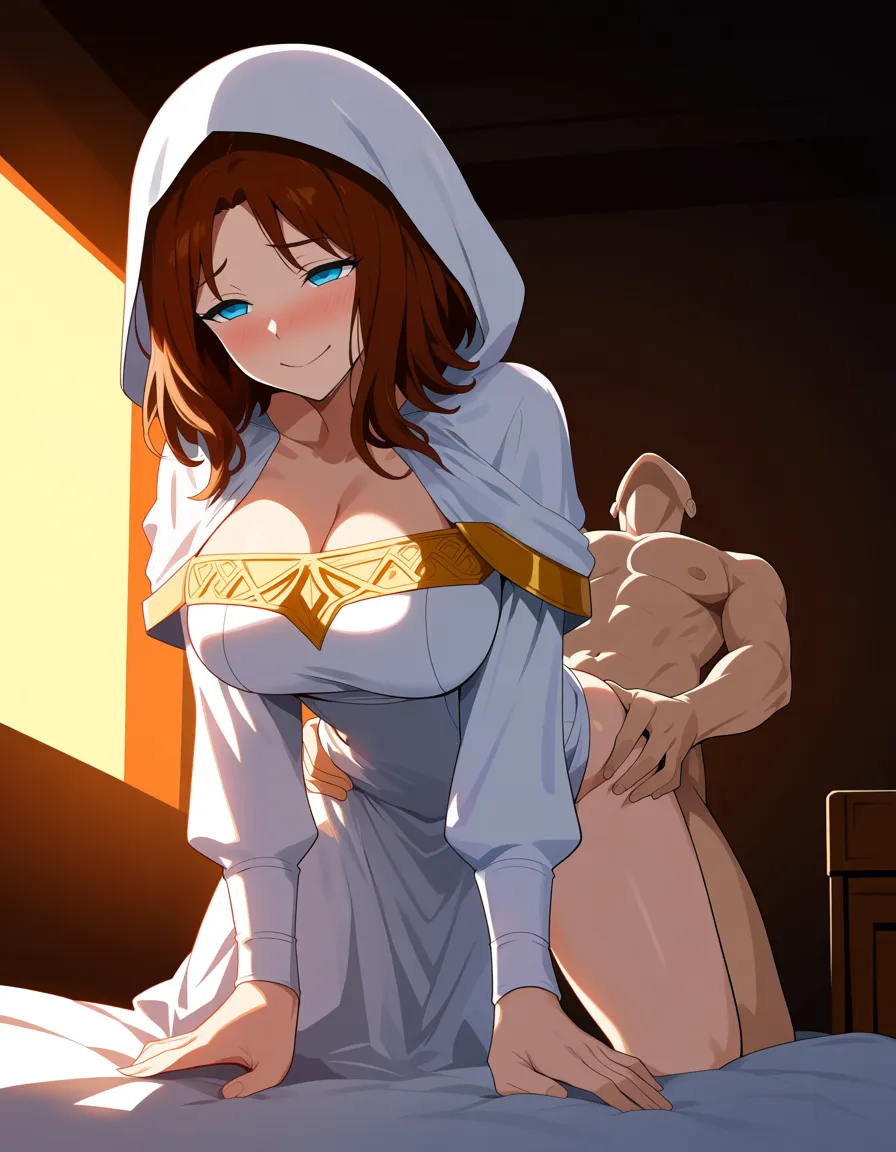 Anime dark souls gwynevere big breasts wide hips blue eyes light skin brown hair white dress with gold highlights white hood in a room sun set low lighting soft smile blushing a little on her hands and knees getting fucked from behind doggy style by a male human on a bed his hand on her hips, hentai_studio_quality