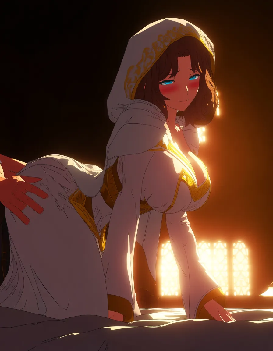 Anime dark souls gwynevere big breasts wide hips blue eyes light skin brown hair white dress with gold highlights white hood in a room sun set low lighting soft smile blushing a little on her hands and knees getting fucked from behind doggy style by a male human on a bed his hand on her hips, hentai_studio_quality, (anime style:1.3), 2d, anime screencap, cel shading, flat color, (anime style:1.3), 2d, anime screencap, cel shading, flat color, @00osamio00, score_9, score_8, 3d render, octane render, subsurface scattering, ray tracing, smooth shading