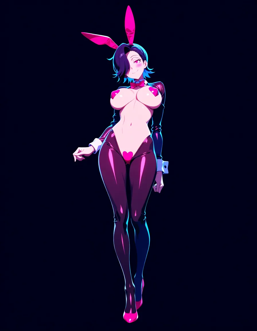 Anime undertale female mettaton big breasts wide hips pink eyes white skin black hair cyborg in a reverse bunny outfit hot pink bunny ears hot pink bowtie hot pink heels hot pink heart shaped Pasties in a room at night low lighting full moon soft smile blushing a little, hentai_studio_quality, (anime style:1.3), 2d, anime screencap, cel shading, flat color, score_9, score_8, 3d render, octane render, subsurface scattering, ray tracing, smooth shading