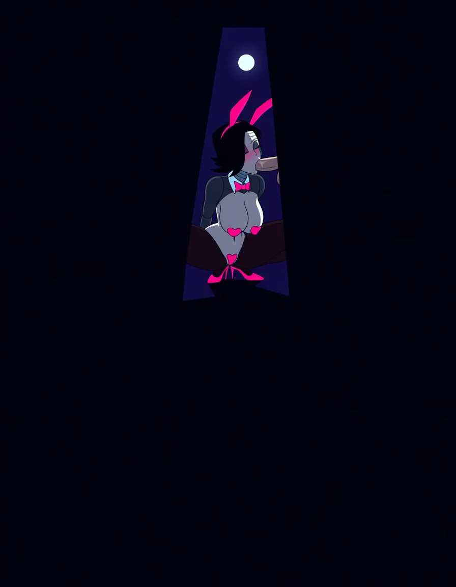Anime undertale female mettaton big breasts wide hips pink eyes white skin black hair cyborg in a reverse bunny outfit hot pink bunny ears hot pink bowtie hot pink heels hot pink Pasties in a room at night low lighting full moon blushing a little deep throat oral sucking a penis sucking a cock sucking a dick blow job fellatio pov eyes closed, hentai_studio_quality
