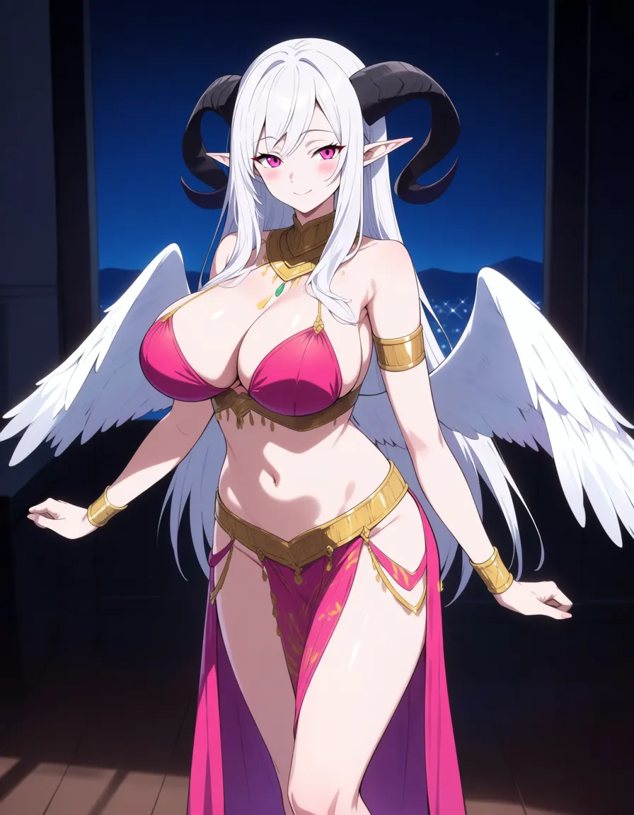 Anime Slaanesh big breasts wide hips pink eyes pale skin long white hair pointy elf ears curved black horns white feathered wings pink and gold harem belly dancer outfit in a room at night low lighting soft smile blushing a little, hentai_studio_quality