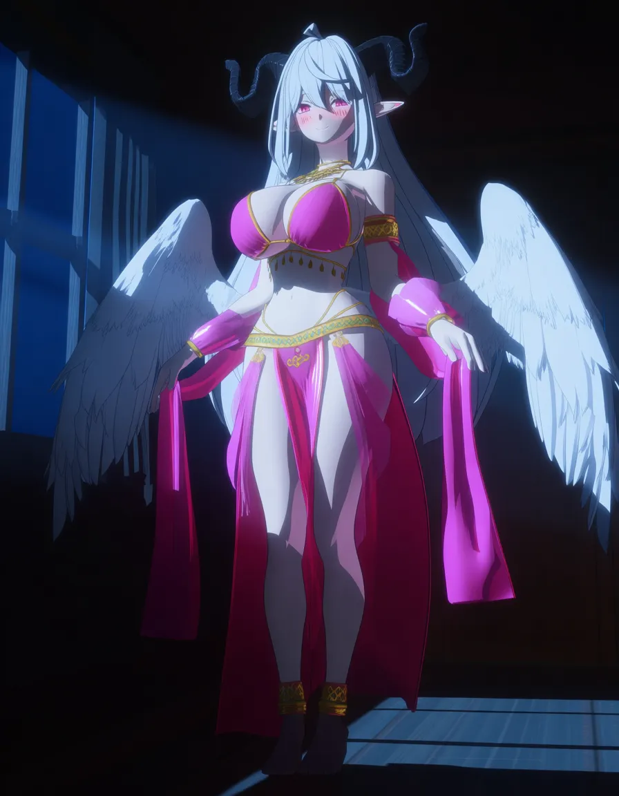 Anime Slaanesh big breasts wide hips pink eyes pale skin long white hair pointy elf ears curved black horns white feathered wings pink and gold harem belly dancer outfit in a room at night low lighting soft smile blushing a little, hentai_studio_quality, (anime style:1.3), 2d, anime screencap, cel shading, flat color, (anime style:1.3), 2d, anime screencap, cel shading, flat color, @00osamio00, score_9, score_8, 3d render, octane render, subsurface scattering, ray tracing, smooth shading