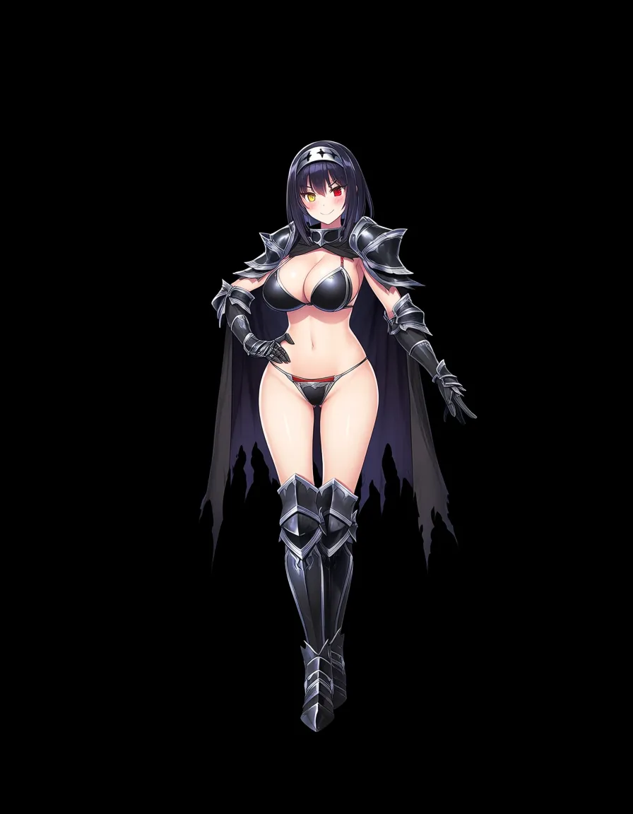 Anime fantasy female dark lord big breasts wide hips red and yellow eyes pale skin dark hair black bikini armor with silver highlights black armored boots black armored Gauntlets long black Tattered cape black Spike headband on forehead in a dark temple at night low lighting full moon soft smile blushing a little sexy pose hand on hip, hentai_studio_quality