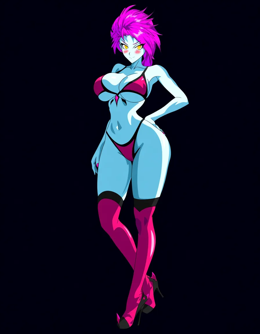 Anime league of legends classic evelynn big breasts wide hips yellow eyes light blue skin hot pink Slickback Flowy hair hot pink Spiky bikini top with black straps hot pink and black Choker hot pink panties hot pink thigh high boot heels with black straps in a room at night low lighting full moon soft smile blushing a little sexy pose hand on hip, hentai_studio_quality, (anime style:1.3), 2d, anime screencap, cel shading, flat color, (anime style:1.3), 2d, anime screencap, cel shading, flat color, @00osamio00