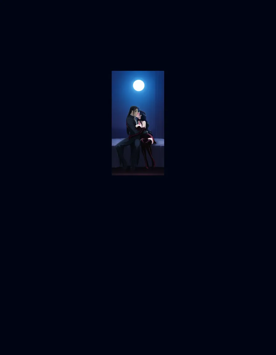 Anime fullmetal alchemist lust big breasts wide hips purple eyes pale skin dark hair black dress long black gloves black thigh high boot heels in a room at night low lighting full moon soft smile blushing a little sitting in a male humans lap hugging and kissing eyes closed, hentai_studio_quality