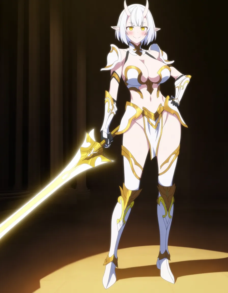 Anime female oni warrior of light big breasts wide hips yellow eyes pale skin white hair small pale horns pointy elf ears white Feminine armor with gold highlights boob armor Breast plates white shin armor with gold Highlights white gauntlets with gold highlights white armored skirt with gold highlights holding a white and gold sword with a glowing white and yellow blade in a temple of light sun set low lighting soft smile blushing a little sexy pose hand on hip, hentai_studio_quality, (anime style:1.3), 2d, anime screencap, cel shading, flat color
