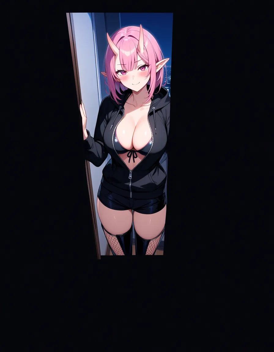 Anime female oni big breasts wide hips pink eyes light pink skin hot pink hair small light pink horns pointy elf ears black Hoodie unzipped deep Cleavage black bikini top booty shorts black boots with thigh high Fishnets G. string Middrift in a room at night low lighting soft smile blushing a little soft smile blushing a little, hentai_studio_quality