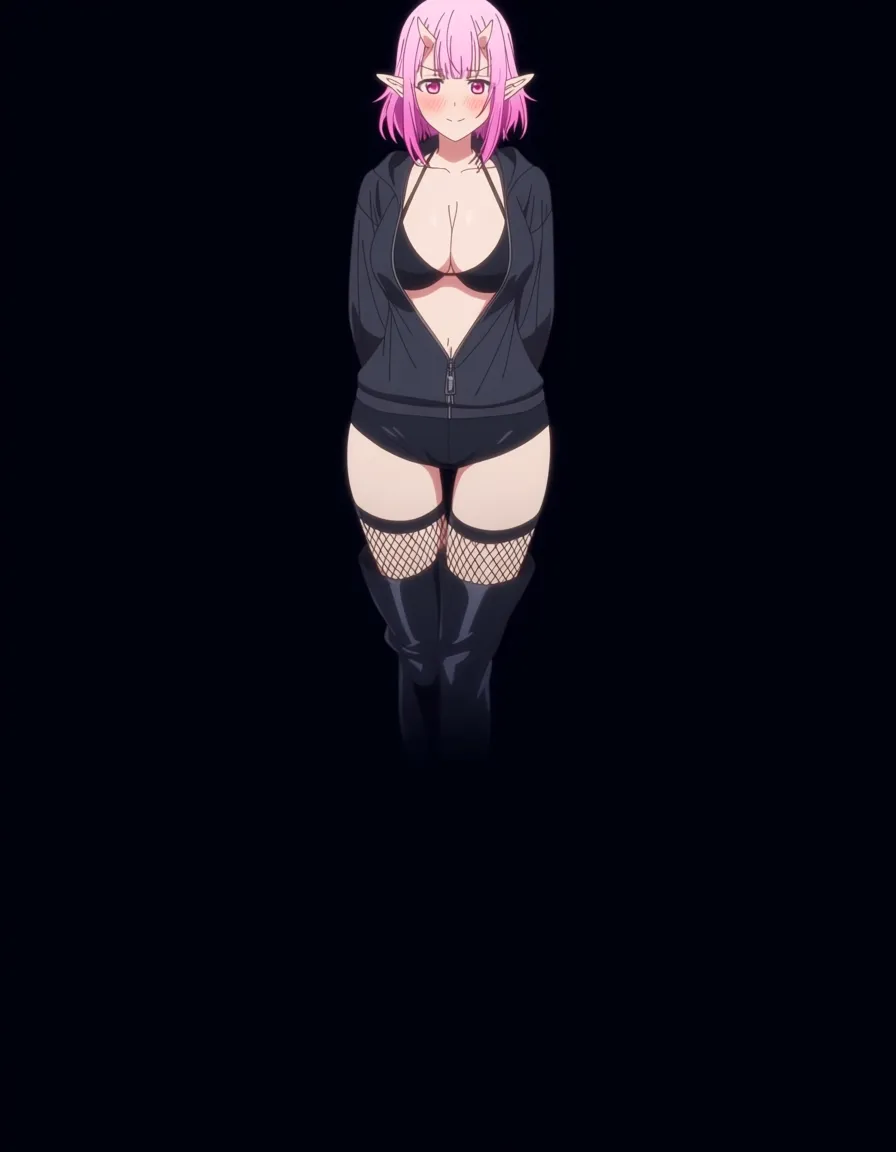 Anime female oni big breasts wide hips pink eyes light pink skin hot pink hair small light pink horns pointy elf ears black Hoodie unzipped deep Cleavage black bikini top booty shorts black boots with thigh high Fishnets G. string Middrift in a room at night low lighting soft smile blushing a little soft smile blushing a little, hentai_studio_quality, (anime style:1.3), 2d, anime screencap, cel shading, flat color
