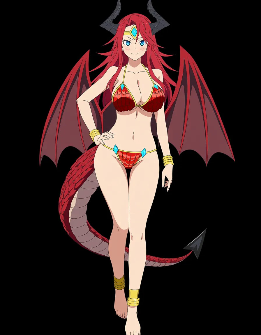 Anime dragon queen big breasts wide hips blue eyes light skin red hair curved black horns red scal bat wings with black webbing long red scaly tail with a black Arrow shaped spade on the tip red scales on parts of her body red and gold bikini armor Gold bracelets gold anklets Gold headband on forehead with a blue Diamond shaped gem in a fire temple sun set low lighting soft smile blushing a little sexy pose hand on hip blue flaming Aura, hentai_studio_quality, (anime style:1.3), 2d, anime screencap, cel shading, flat color