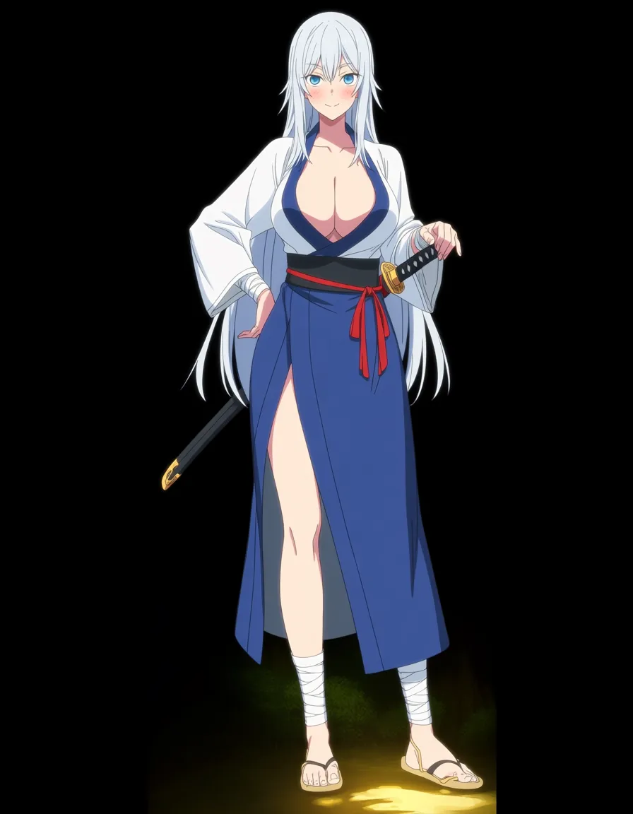 Anime female Swordsman big breasts wide hips blue eyes light skin long white hair white and blue Tunic robe deep Cleavage white and blue Loincloth white Wrapping on wrists white Wrapping on ankles Sandals holding a Katana sword in a forest temple sun set low lighting soft smile blushing a little sexy pose hand on hip, hentai_studio_quality, (anime style:1.3), 2d, anime screencap, cel shading, flat color