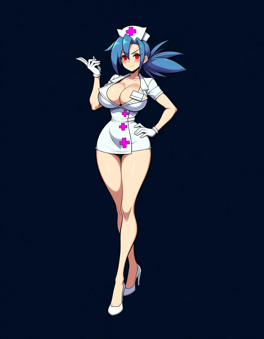 Anime skullgirls Nurse valentine big breasts wide hips red eyes light skin blue hair Nurse outfit deep Cleavage white heels white gloves white Nurse hat in a room at night low lighting full moon soft smile blushing a little sexy pose hand on hip, hentai_studio_quality