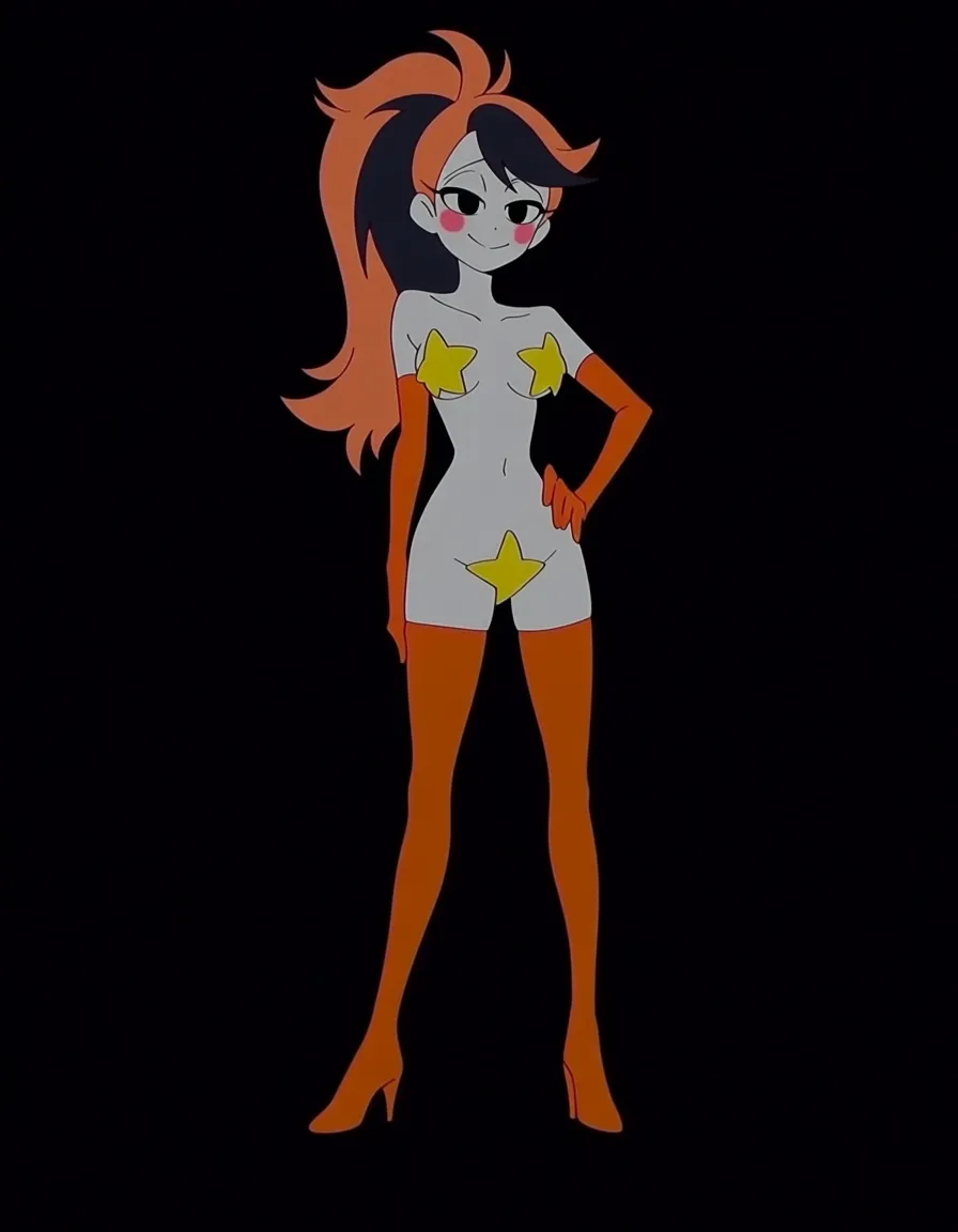 Anime hazbin hotel Goldie the goldfish girl black eyes with white Pupils white skin orange hair with a Black streak long ponytail yellow eye shadow yellow star shaped Pasties yellow sea shell covering her Crotch long orange gloves orange thigh high boot heels in a room at night low lighting full moon soft smile blushing a little sexy pose hand on hip, (anime style:1.3), 2d, anime screencap, cel shading, flat color, (anime style:1.3), 2d, anime screencap, cel shading, flat color