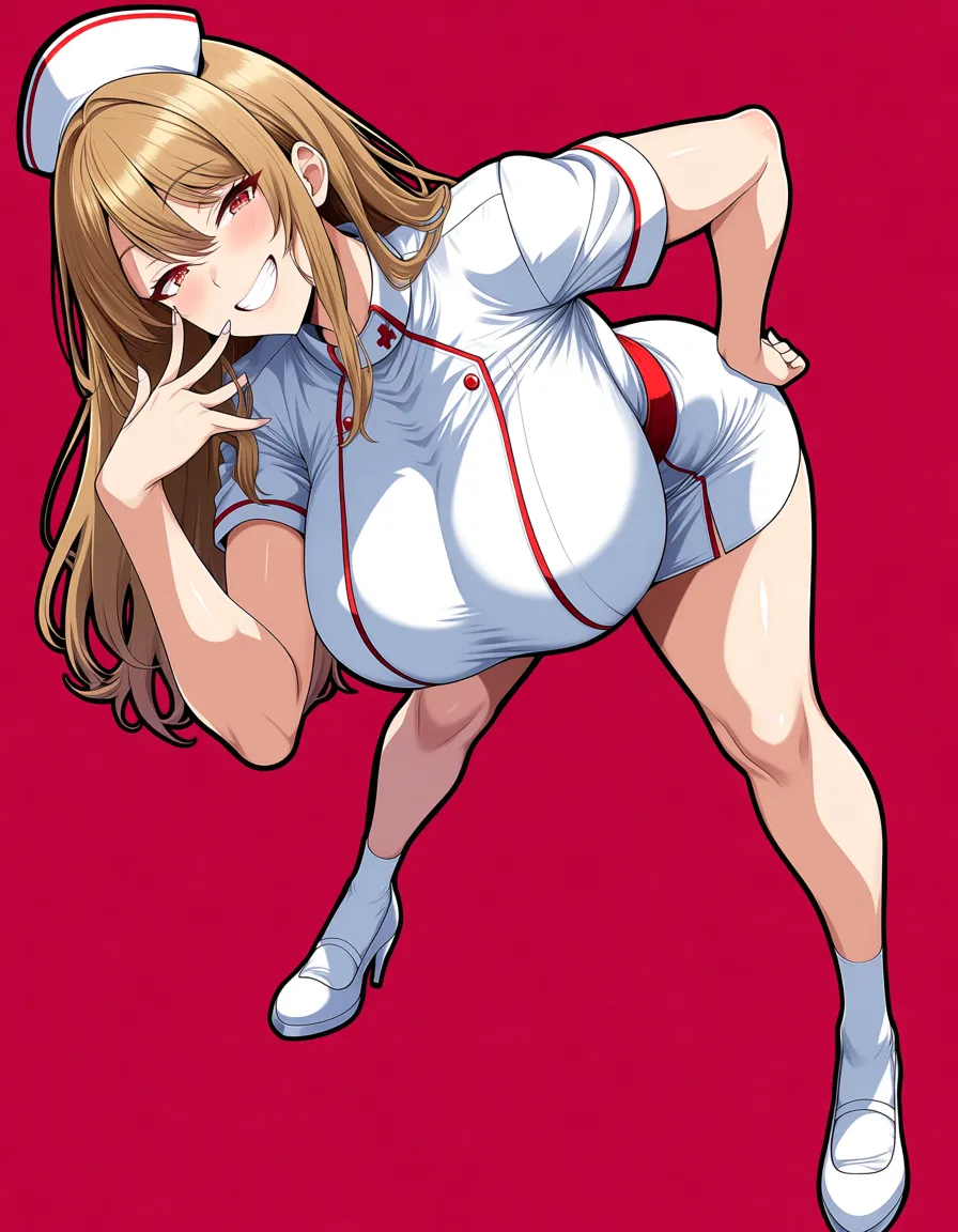 best quality, polished, nurse, sideboob, socks, bent over, teasing grin, hentai style, hentai_studio_quality