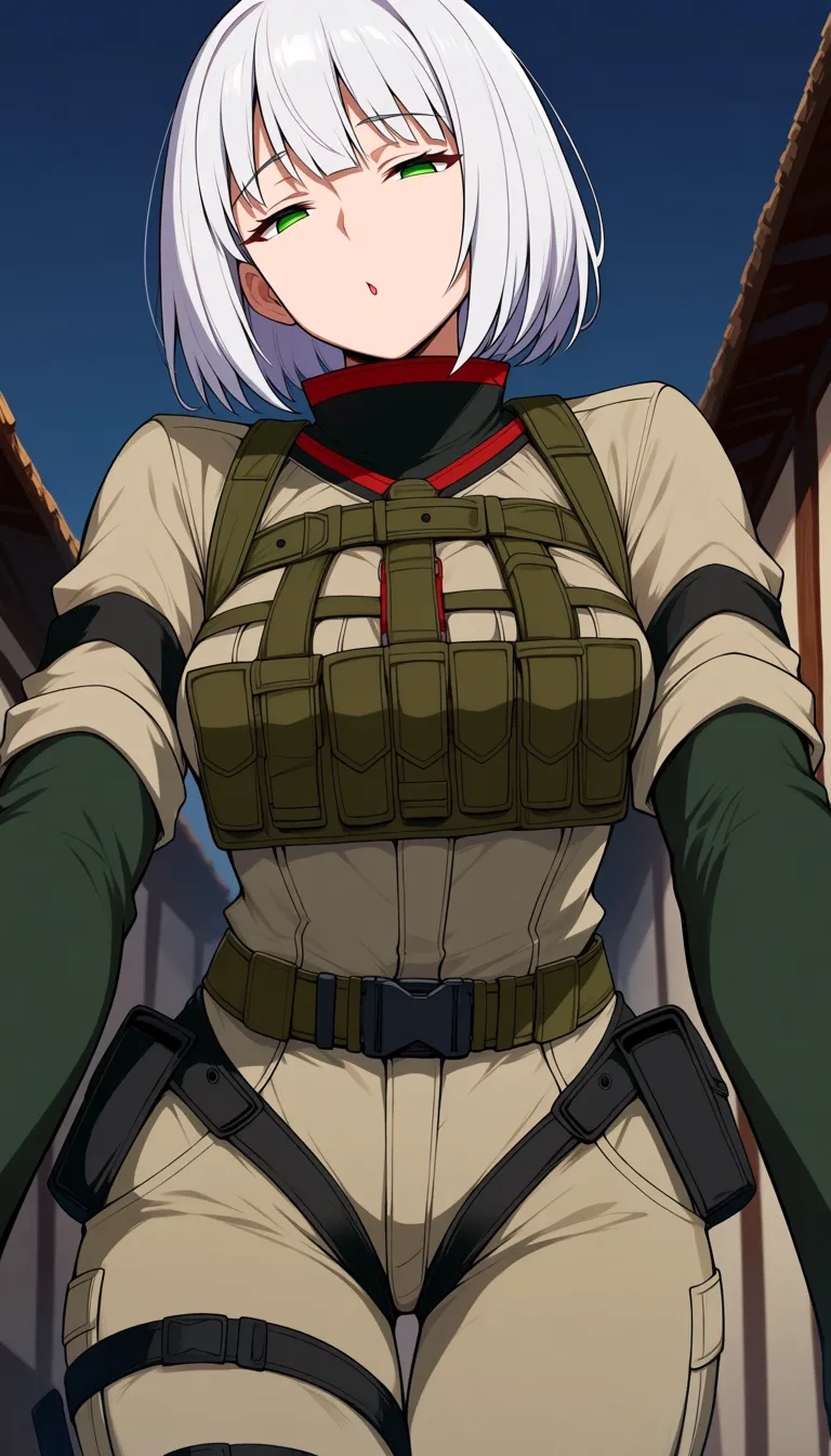 masterpiece, fine detail, Anime Female With Short bob cut White hair, medium Breasts, Green Eyes, Cheeky Face, blowjob, licking pov white cock, pov white cock, half closed eyes, Taunting, hourglass body, Sand colour detailed closed combat gear outfit, no military set, no military theme, no helmet, Pants, no gloves, village surroundings background, desert biome, eroge aesthetics, · Form-fitting khaki jumpsuit, high dark green collar with red accents, sleeves are one continuous piece with the suit (no separate cuffs or attached cloth), upper sleeves khaki transitioning seamlessly to dark green forearms, chest harness with olive-drab straps and six khaki pouches, thick dark green belt with black buckle, horizontal thigh straps, small hip pouch, rigid dark green thigh plate., hentai_studio_quality, hentai_studio_quality, hentai_studio_quality, hentai_studio_quality