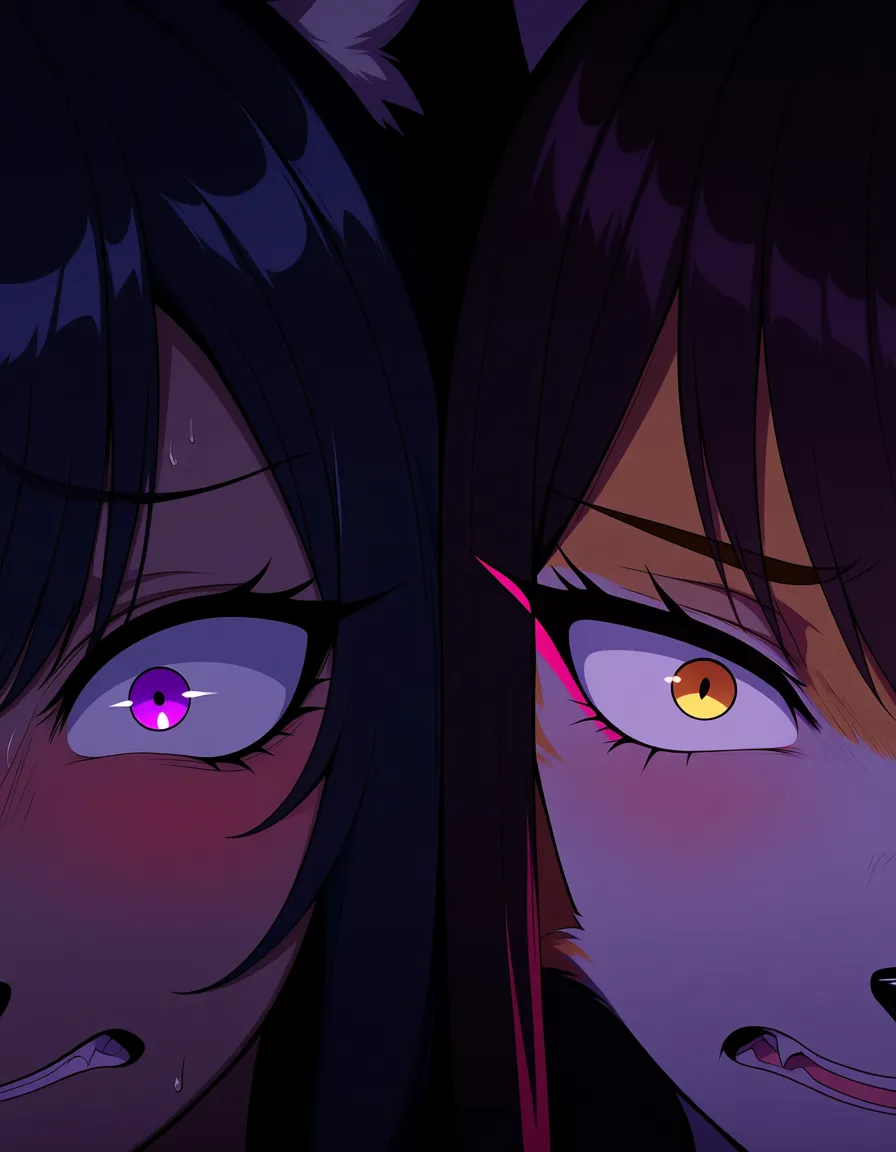 on_bed fox_woman leash sex on_side from_side purple_eyes black_hair furry nude long_hair night fox_tail scared nose_blush x-ray surprised arm_support one_eye_closed 2girls, hentai_studio_quality