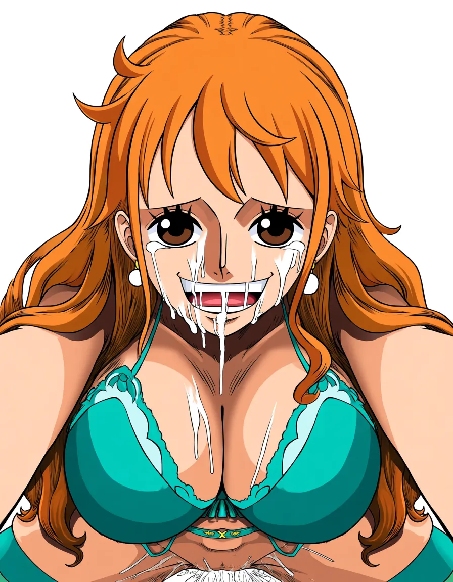 score_9_up, One piece style animation, best quality, explicit detail, on all fours, cowgirl, masterpiece, clean art, @nami one piece, long orange hair, small tits, tit job, orgasm, girl on top, anime_studio_quality looking at viewer, squeezing ass, happy tears in eyes cum in pussy, rough sex, sexy, teal lingerie, teal stockings, tits exposed fucked from front, (SuperQuality:1), (SuperQuality:1.2), high saturation, vibrant colours, (2D style), anime quality, focus on girl, (no blurry faces), high face quality, clean blacklines, no deformities, AissistXLv2, lighting on girl minimum detail background cum on face, simple plain white background, bondage, hands and feet tied up, one piece anime quality, one piece anime style, (lighting on girls face), ring light, best lighting quality 1girl, (Nami from One Piece), 8k, hdr, best resolution, detailed, detailed face, photorealistic, (one, piece), (masturbate:1.5), orgasm face, pleasure, pussy juice, taking selfie, see through clothes, see through bra, hands tied above head, bare breasts, cupless bra, (brighter vibrant colour:1.8), hentai_studio_quality, (anime style:1.3), 2d, anime screencap, cel shading, flat color, @00osamio00, (anime style:1.3), 2d, anime screencap, cel shading, flat color, @00osamio00, hentai_studio_quality