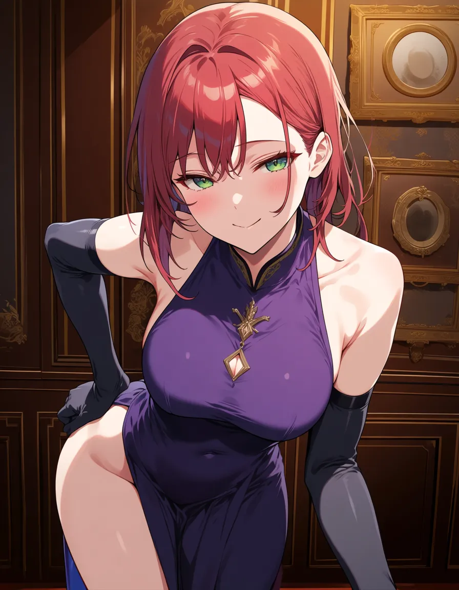 masterpiece, fine detail, milf, elbow gloves, bent over, relaxed mood, cowboy shot, explicit anime render, hentai_studio_quality