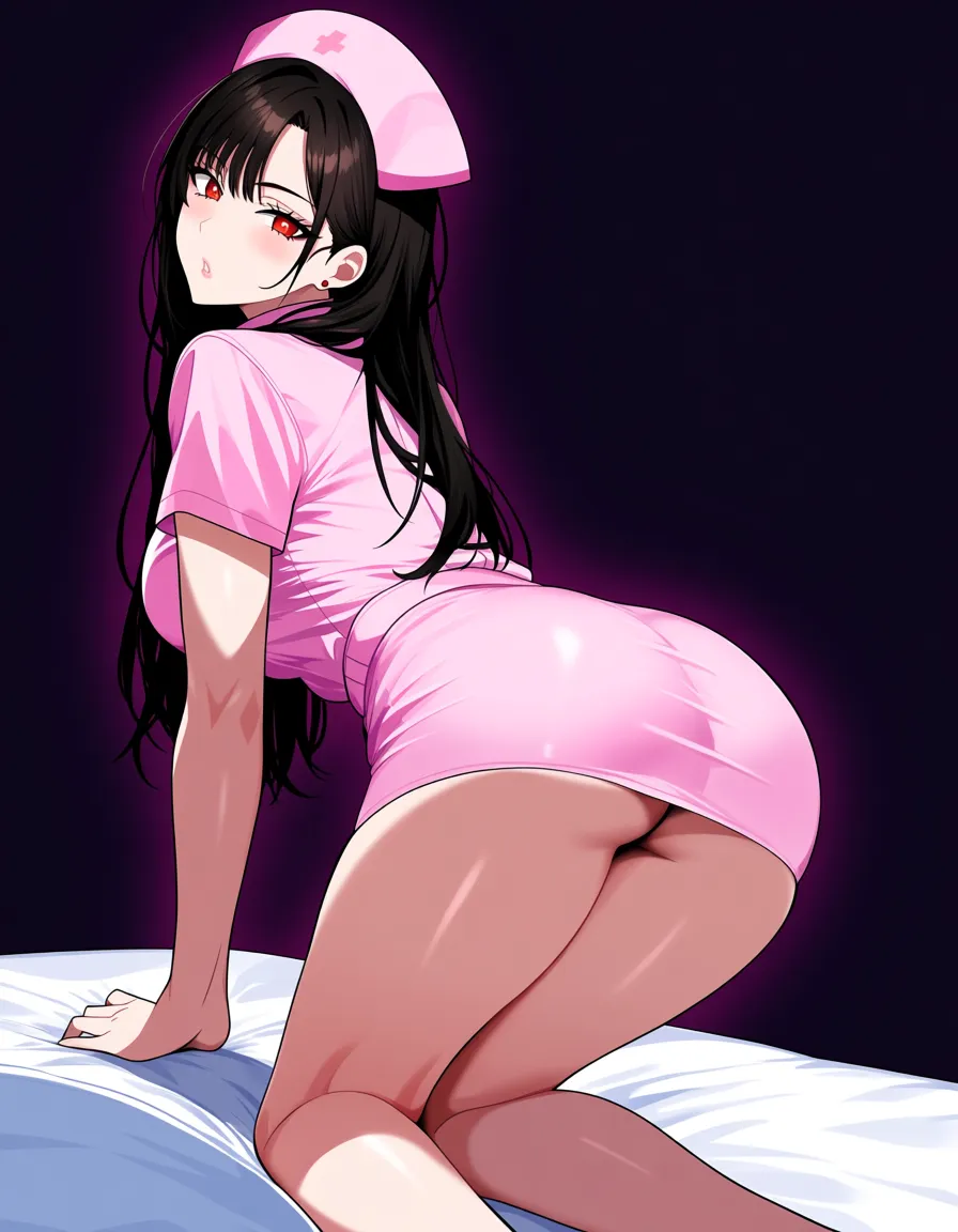 highres, vivid, nurse, bare legs, skirt, kneeling on bed, wild energy, soft cel shading, hentai_studio_quality