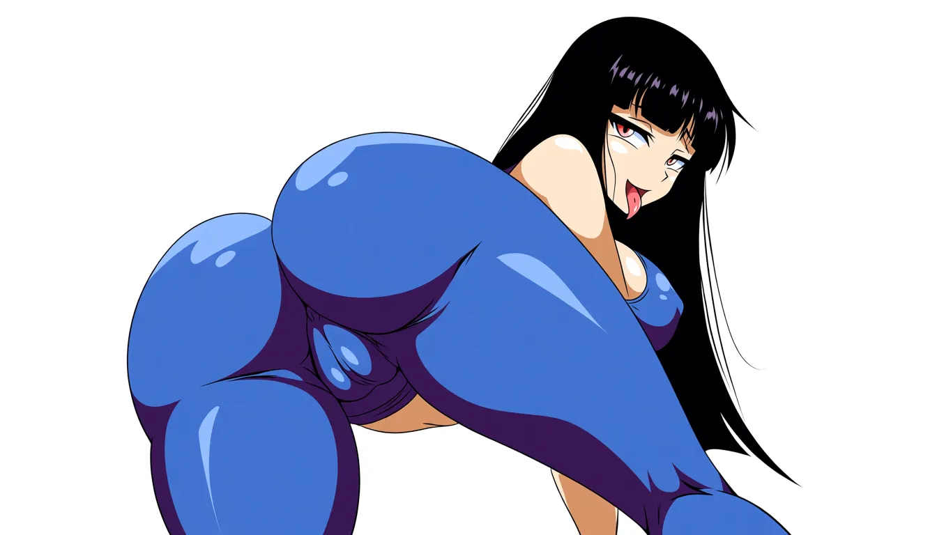 A hot gym woman with straight black hair, hentai fanart, wearing tight leggings that accentuate her pussy, with firm breasts, her ass sticking out for the camera and a lustful look, tongue and lustful gaze. Girls only, I don't want to see penises or anything, I just want to see pussy, sexy clothes and delicious breasts.