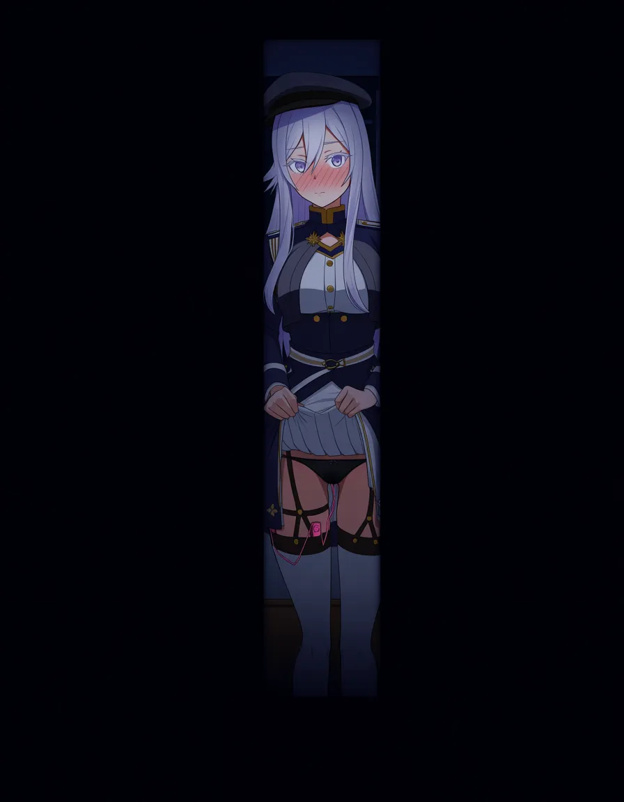 best quality,masterpiece,1girl,front view, looking at viewer,cowboy shot, vladilena millize(86 eithy six),silver hair,silver eyes,long hair,military uniform, skirt, military hat, gray clothes,skirt lift, black panties, white thighhighs, thigh strap, object in pussy, vibrator under clothes, vibrator cord, full-face blush, night, bedroom, opening door,, hentai_studio_quality