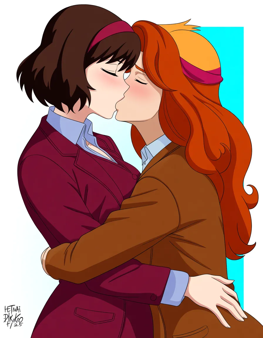 daphne blake , velma dinkly , yuri , kiss, hentai_studio_quality