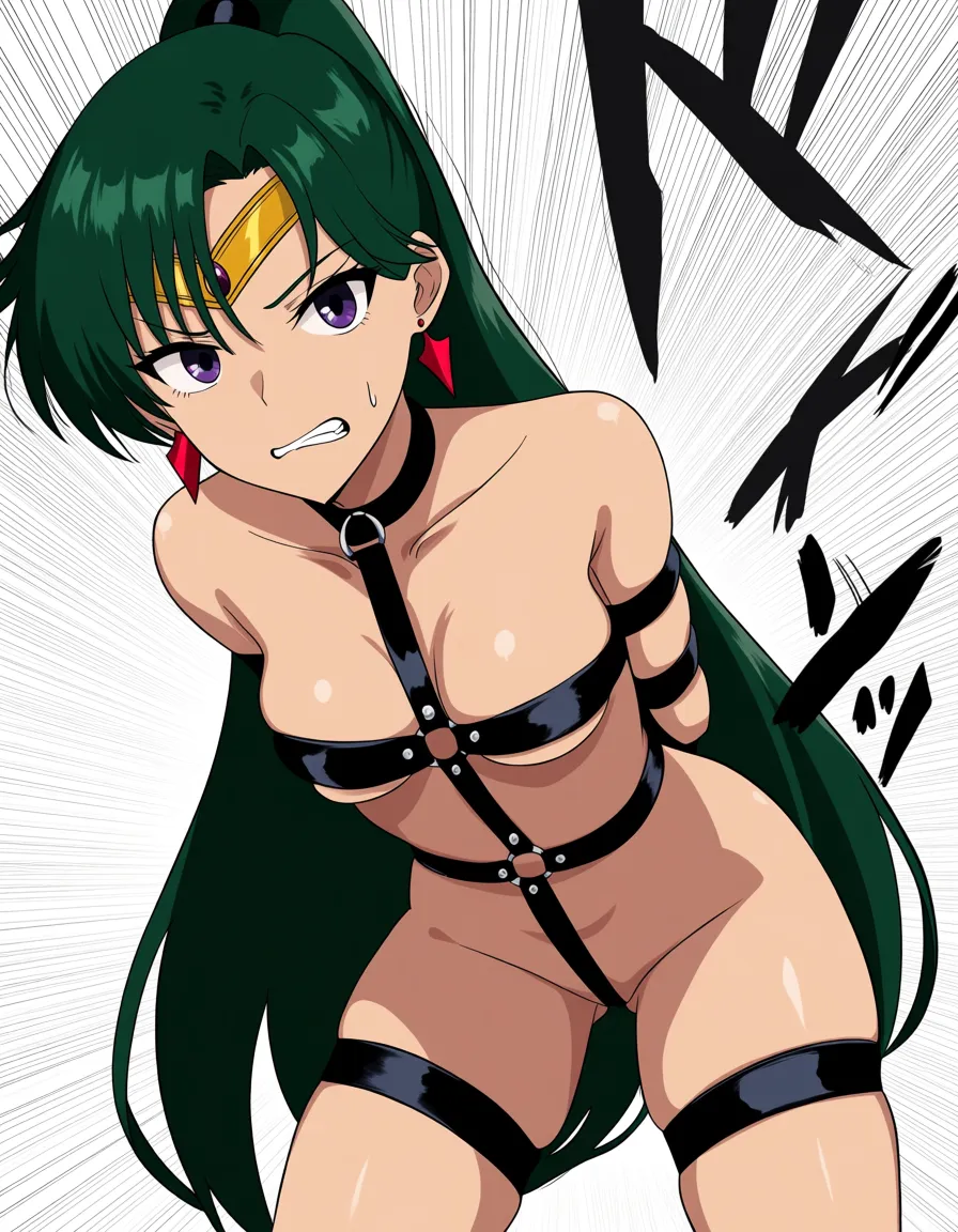 ailor pluto , horse_ears horse_tail , pulling_a_rickshaw , bit_gag , nude , harness , dar_green_hair, hentai_studio_quality