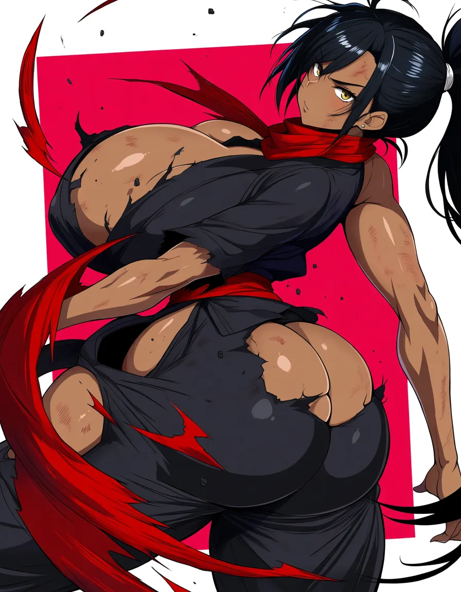 girl, dark-skinned_female, gigantic_breast, gigantic_ass, clothed, destroyed clothes, injury, combat_pose, only_pants, ninja_cloth, hentai_studio_quality