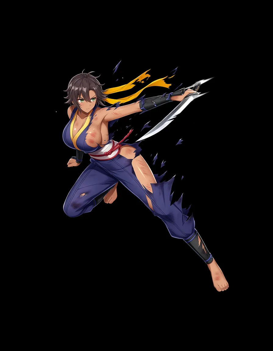 girl, dark-skinned_female, gigantic_breast, gigantic_ass, clothed, destroyed clothes, injury, combat_pose, only_pants, ninja_cloth, no_shirt, hentai_studio_quality