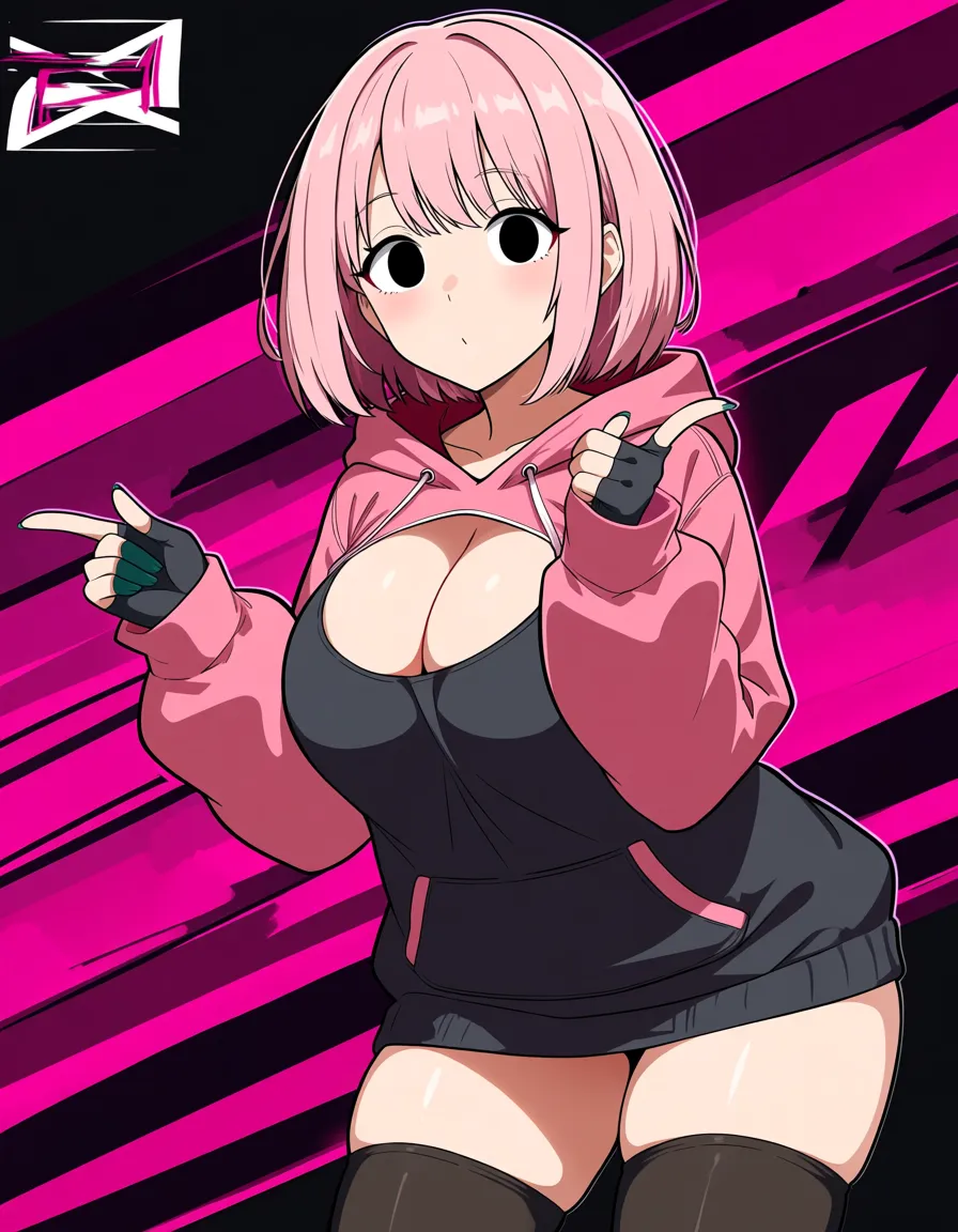 1girl pink_hair short_hair black eyes huge_breasts thighhighs hoodie hentai style 8k, hentai_studio_quality